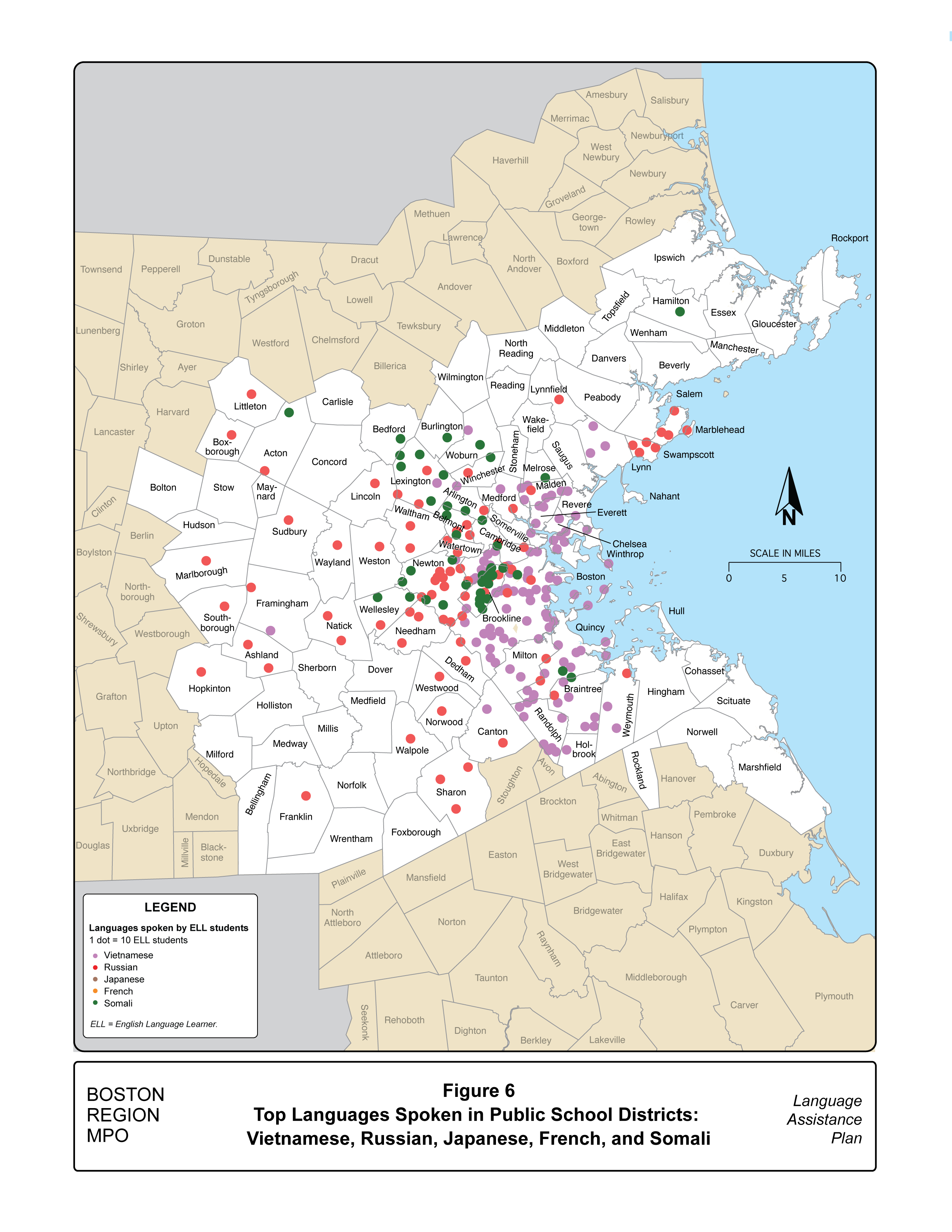 
Figure 6 is a map showing the distribution of English language learners for the 2020–21 academic year who speak one of the top languages spoken in the Boston region’s regional public school districts: Vietnamese, Russian, Japanese, French, and Somali.